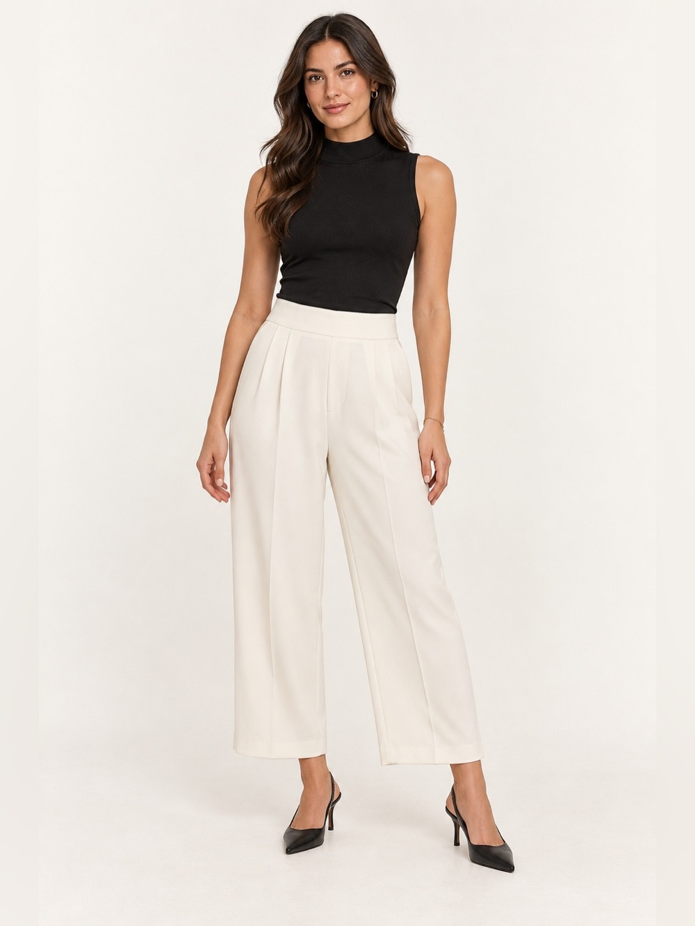 Zara Womens Ivory Cream High Rise Pleated Wide Leg Cropped Dress Pants L